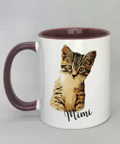 Keramiktasse mit Katzenmotiv Innenseite bordeaux