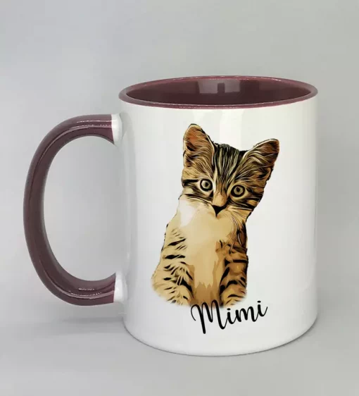 Keramiktasse mit Katzenmotiv Innenseite bordeaux