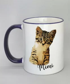 Keramiktasse mit Katzenmotiv Rand dunkelblau