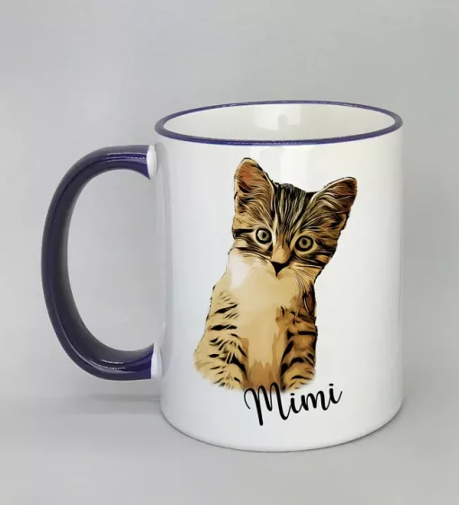 Keramiktasse mit Katzenmotiv Rand dunkelblau