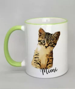 Keramiktasse mit Katzenmotiv Rand hellgrün