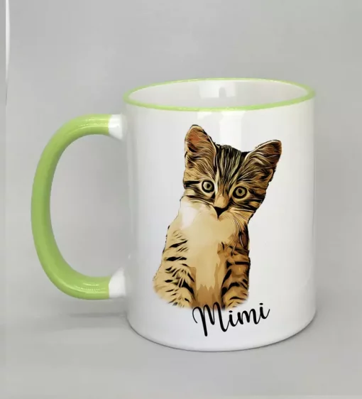 Keramiktasse mit Katzenmotiv Rand hellgrün