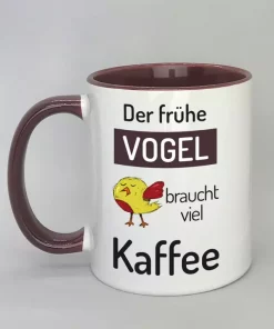 Spruchtasse Der frühe Vogel Innenseite bordeaux