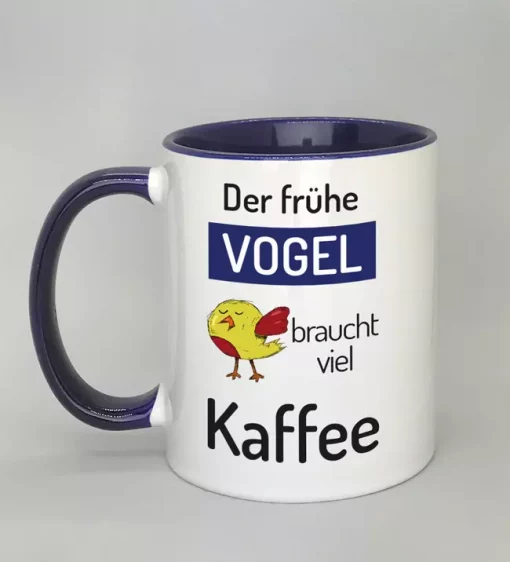 Spruchtasse Der frühe Vogel Innenseite dunkelblau