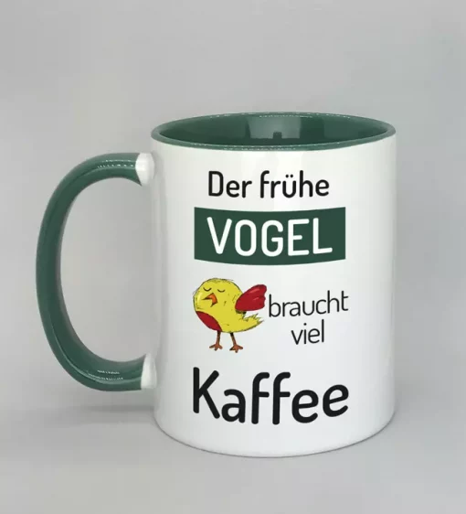 Spruchtasse Der frühe Vogel Innenseite dunkelgrün