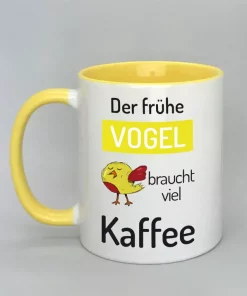 Spruchtasse Der frühe Vogel Innenseite gelb