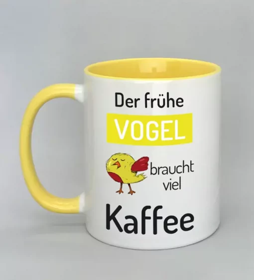 Spruchtasse Der frühe Vogel Innenseite gelb