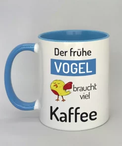 Spruchtasse Der frühe Vogel Innenseite hellblau