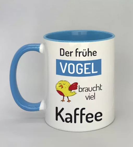 Spruchtasse Der frühe Vogel Innenseite hellblau