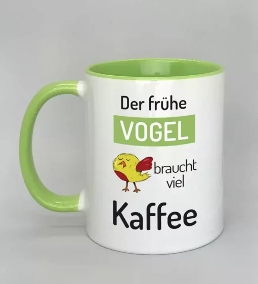 Spruchtasse Der frühe Vogel Innenseite hellgrün