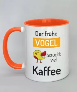 Spruchtasse Der frühe Vogel Innenseite orange
