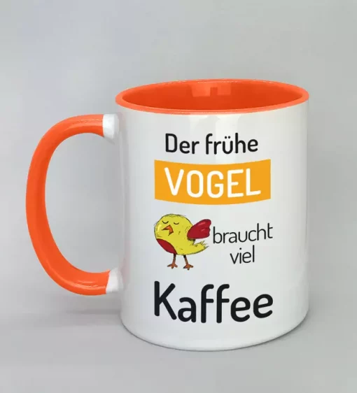 Spruchtasse Der frühe Vogel Innenseite orange