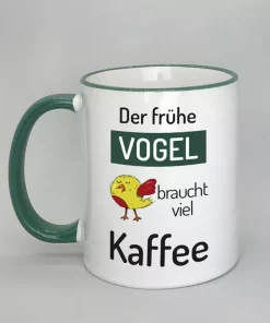 Spruchtasse Der frühe Vogel Rand dunkelgrün