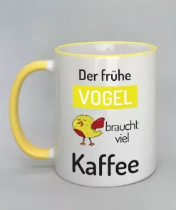 Spruchtasse Der frühe Vogel Rand gelb