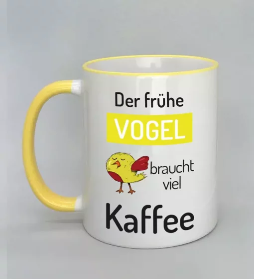 Spruchtasse Der frühe Vogel Rand gelb