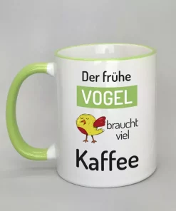 Spruchtasse Der frühe Vogel Rand hellgrün