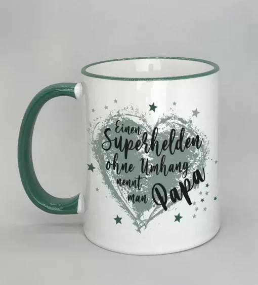 Spruchtasse Superheld Papa Rand dunkelgrün