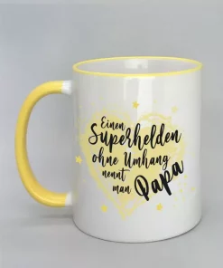 Spruchtasse Superheld Papa Rand gelb