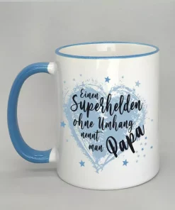 Spruchtasse Superheld Papa Rand hellblau