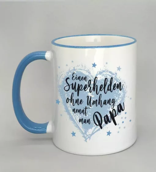 Spruchtasse Superheld Papa Rand hellblau