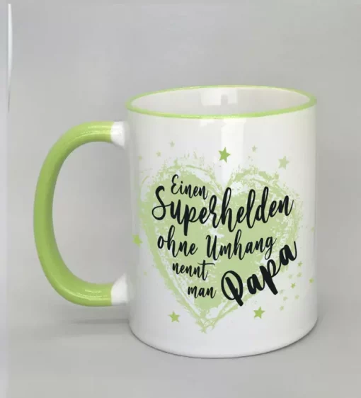 Spruchtasse Superheld Papa Rand hellgrün