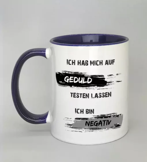 Spruchtasse Geduldstest Innenseite dunkelblau