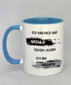 Spruchtasse Geduldstest Innenseite hellblau