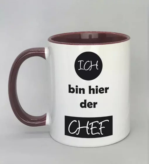 Spruchtasse Ich bin hier der Chef Innenseite bordeaux