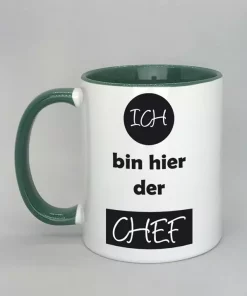 Spruchtasse Ich bin hier der Chef Innenseite dunkelgrün