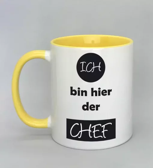 Spruchtasse Ich bin hier der Chef Innenseite gelb