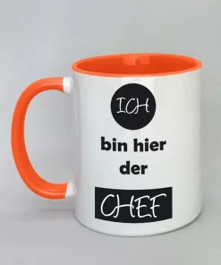 Spruchtasse Ich bin hier der Chef Innenseite orange