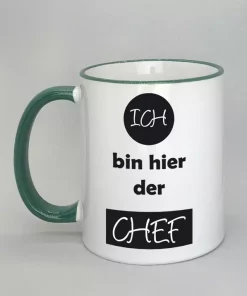 Spruchtasse Ich bin hier der Chef Rand dunkelgrün