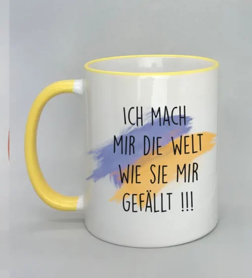 Keramiktasse Ich mach mir die Welt Rand gelb