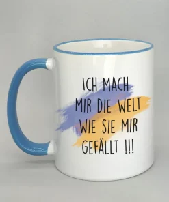 Keramiktasse Ich mach mir die Welt Rand hellblau