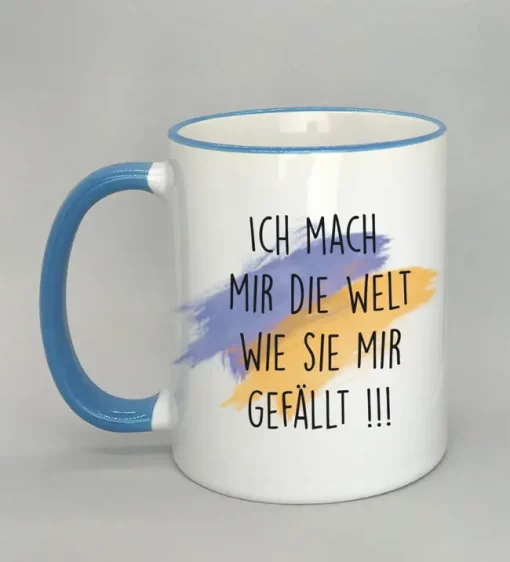 Keramiktasse Ich mach mir die Welt Rand hellblau