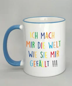 Keramiktasse Ich mach mir die Welt Rand hellblau