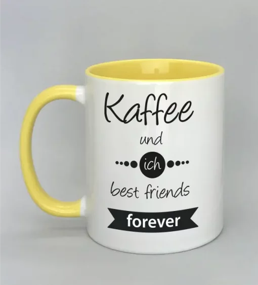Spruchtasse Kaffee und ich best friends forever Innenseite gelb