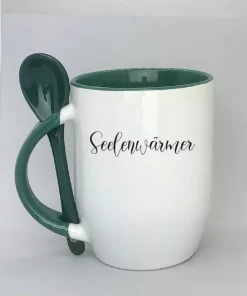 Keramiktasse mit Löffel dunkelgrün