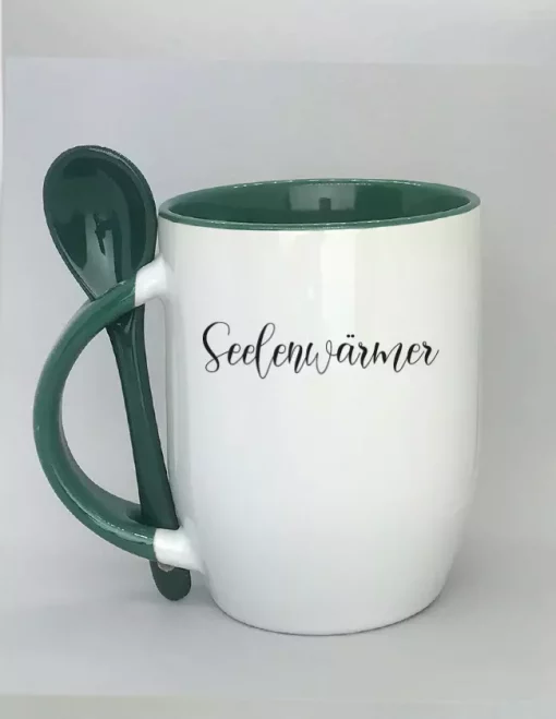 Keramiktasse mit Löffel dunkelgrün