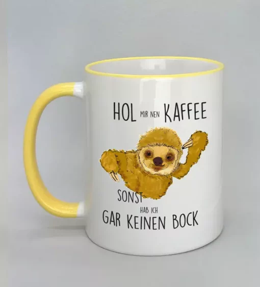Keramiktasse mit Faultier Rand gelb