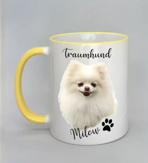 Keramiktasse Traumhund Rand gelb