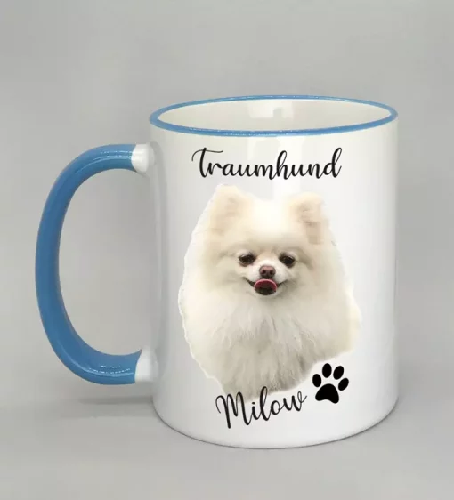 Keramiktasse Traumhund Rand hellblau