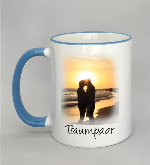 Phototasse Traumpaar Rand hellblau