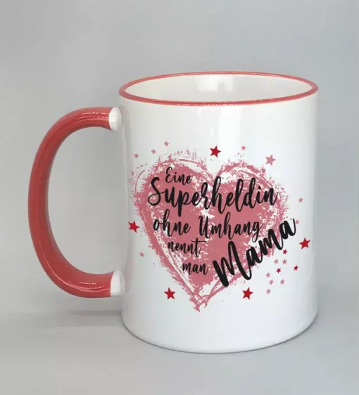 Spruchtasse Superheldin Mama Rand rot