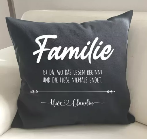 Spruchkissen Familie ist da wo das Leben beginnt anthrazit