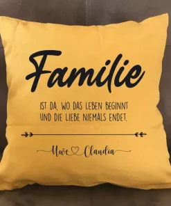 Spruchkissen Familie ist da wo das Leben beginnt dunkelgelb