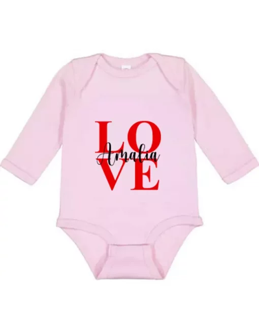 Langarm Baby Body LOVE mit Name rosa