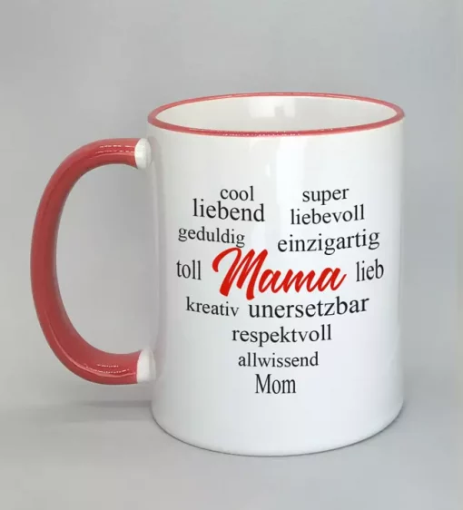 Keramiktasse mit Wortherz Mama Rand rot