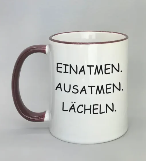 Lustige Spruchtasse mit farbigem Rand