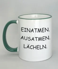 Lustige Spruchtasse mit farbigem Rand